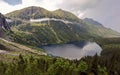 Wide angle top view of Morskie Oko naturally formed lake pond in Tatra Mountains in Poland. High mountain landscape with dramatic Royalty Free Stock Photo