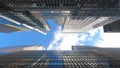 Wide angle upward view of the blue sky lined with modern glass office buildings in Midtown Manhattan, New York City Royalty Free Stock Photo