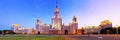 Wide angle vibrant panoramic evening view of nicely illuminated famous Russian university
