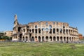 Wide angle view of the ancient Colosseum external facade, popular tourist destination in Rome