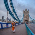Wide angle view architecture from Tower Bridge with tourists and Royalty Free Stock Photo