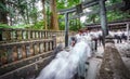 Blurred students climbing stairs for visiting temple