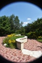 Wide angle view of brick pathway