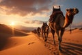 Wide angle view of camel caravan journey across Saharas sandy dunes