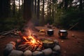 wide-angle view of campfire cookout with cioppino