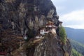 Wide angle view of cliffside showing steps leading to Paro Taktsang or Tiger`s Nest Buddhist Monastery, upper Paro valley, Bhutan Royalty Free Stock Photo