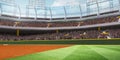 Wide-angle view of a crowded stadium with vibrant green field. 3D render of baseball stadium, open air arena Royalty Free Stock Photo