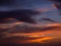 Wide angle view of dark dramatic clouds in sky at sunset with blue orange gradient Royalty Free Stock Photo