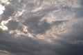 Wide angle view of Dark & dramatic storm clouds before thunderstorm in dark cloudy sky background Royalty Free Stock Photo