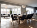 Wide-angle view of a dining room with hardwood floors, a dining table that matches the room and natural light that