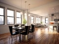 Wide-angle view of a dining room with hardwood floors, a dining table that matches the room and natural light that