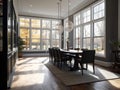 Wide-angle view of a dining room with hardwood floors, a dining table that matches the room and natural light that