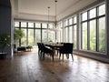 Wide-angle view of a dining room with hardwood floors, a dining table that matches the room and natural light that