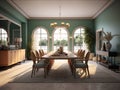 Wide angle view of dining room in Mediterranean style and dining sets, view outside through arched windows. Generative Royalty Free Stock Photo