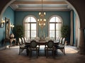 Wide angle view of dining room in Mediterranean style and dining sets, view outside through arched windows. Generative Royalty Free Stock Photo