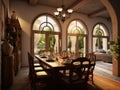 Wide angle view of dining room in Mediterranean style and dining sets, view outside through arched windows. Generative Royalty Free Stock Photo