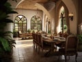 Wide angle view of dining room in Mediterranean style and dining sets, view outside through arched windows. Generative Royalty Free Stock Photo