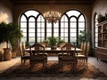 Wide angle view of dining room in Mediterranean style and dining sets, view outside through arched windows. Generative Royalty Free Stock Photo