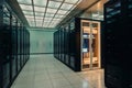 Rows of illuminated server racks in a modern data center with a tiled floor server room technology Royalty Free Stock Photo
