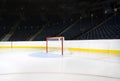 A wide angle view of an empty hockey in an empty arena