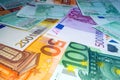 Wide angle view of euro notes background stacked on top of each other. Euro money banknotes, pile of money, cash, stack of bills. Royalty Free Stock Photo