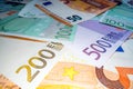 Wide angle view of euro notes background stacked on top of each other. Euro money banknotes, pile of money, cash, stack of bills. Royalty Free Stock Photo