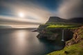 Wide angle view of Gasadalur waterfall long exposure in Faroe Islands, Vagar island