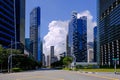 Wide angle view of high rise office buildings in financial district in Singapore. No people, no cars on roads. Modern contemporary Royalty Free Stock Photo