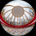 Wide-angle view of the inside of a gazebo with yellow columns and a bench. Round photo in fulldome format