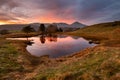 Sunset view of mountain tarn with reflections at Kelly Hall Tarn in the English Lake District. Royalty Free Stock Photo