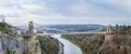 wide angle view of the landmark of Bristol, Clifton Suspension Bridge and Clifton Observatory Royalty Free Stock Photo