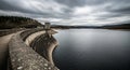 Curved Concrete Dam Wall with Tower Overlooking a Dark, Calm Reservoir Under a Cloudy Sky Royalty Free Stock Photo