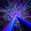 A wide angle view of a laser beam being directed through a lens with an abstract colorful diffraction pattern in the background