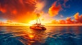 A wide-angle view of a luxurious catamaran sailing through a tropical paradise