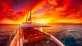 A wide-angle view of a luxurious catamaran sailing through a tropical paradise