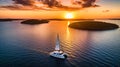 A wide-angle view of a luxurious catamaran sailing through a tropical paradise