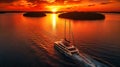 A wide-angle view of a luxurious catamaran sailing through a tropical paradise