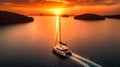 A wide-angle view of a luxurious catamaran sailing through a tropical paradise
