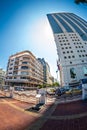 A wide angle view of Malecon Simon Bolivar and La Previsora building in Guayaquil