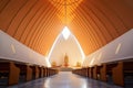 wide-angle view of minimalist church architecture