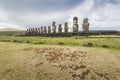 Wide angle view of the 15 moai of Tongariki