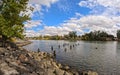 Wide angle view of an old pier in the sacramento river