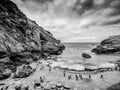 Wide angle view over the cove of Tintagel Cornwall Royalty Free Stock Photo