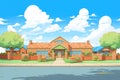 wide-angle view of a ranch with a brick facade under clear sky, magazine style illustration