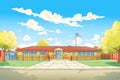 wide-angle view of a ranch with a brick facade under clear sky, magazine style illustration