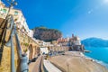 Wide angle view of road leading along coast to small town Atrani in province of Salerno, Campania region, Italy Royalty Free Stock Photo