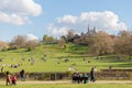 wide angle view of the Royal Observatory Sundail and the Greenwich Park, Greenwich, London, United Kingdom, clear sunny day