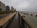 Wide angle view San Francisco waterfront on the embarcadero on a rainy day.