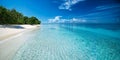 Wide angle view of a serene tropical beach with crystal clear blue water and white sand Royalty Free Stock Photo