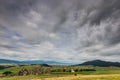 Wide angle view of a small hungarian village with catholic church in Transylvania